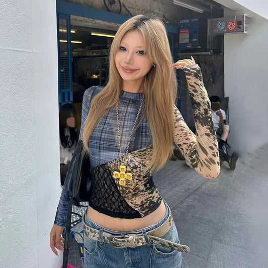 Y2K Patchwork Mesh Top