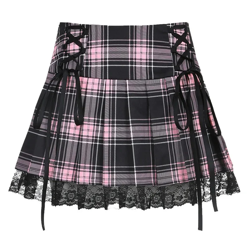 Plaid Lace-Trim Mini Skirt