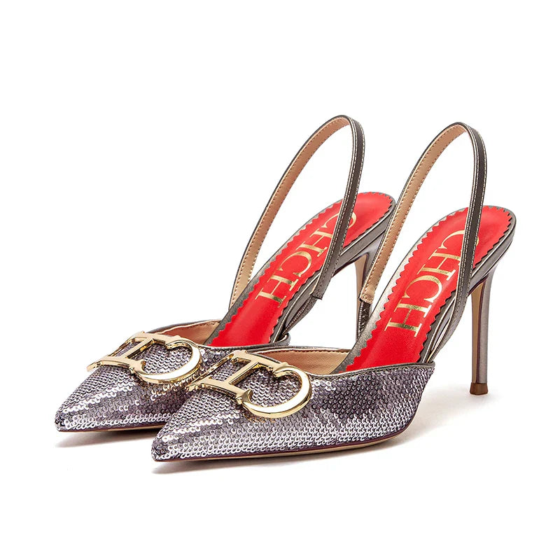 Champagne Pointed-Toe Buckle Slingback Pumps