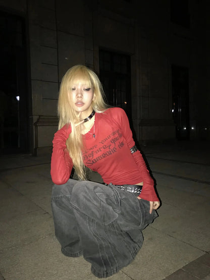 Grunge Distressed Graphic Top Red