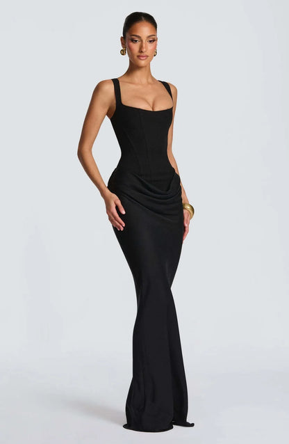 Black Sculpted Corset Draped Maxi Dress