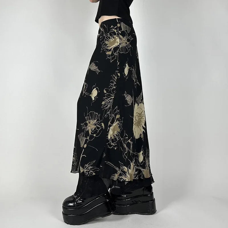 Goth Floral Mesh Maxi Skirt Black