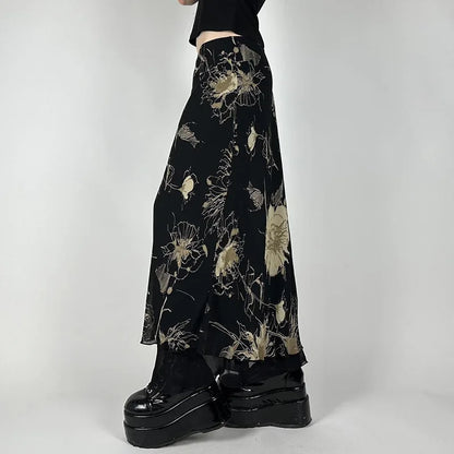 Goth Floral Mesh Maxi Skirt Black