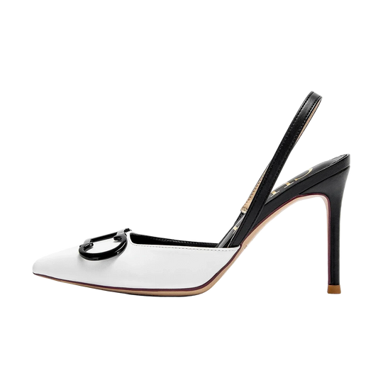 White Pointed-Toe Buckle Slingback Pumps, view 3