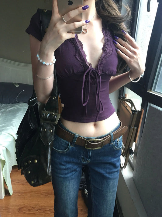 Y2K Lace Trim Top Purple