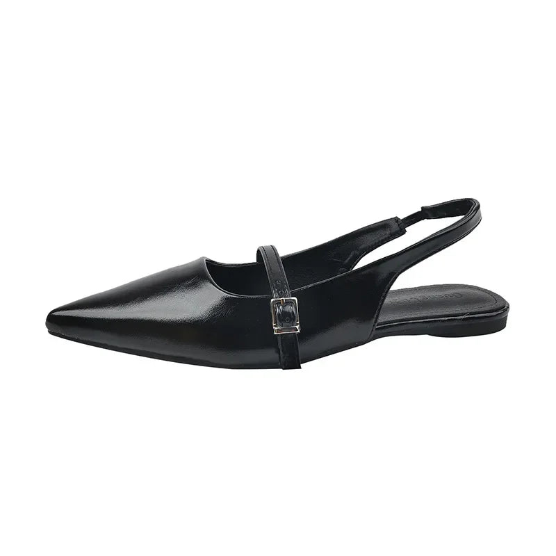 Black Pointed-Toe Buckle Slingback Flats