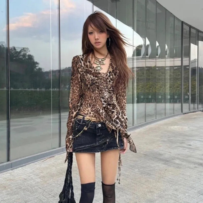 Leopard Ruffle Lace-Up Top