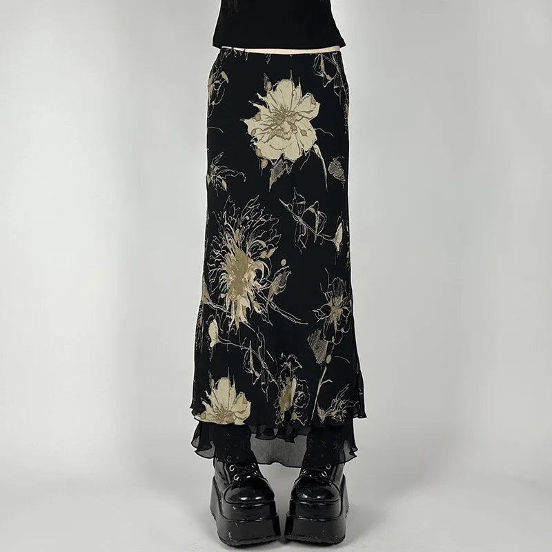Goth Floral Mesh Maxi Skirt Black