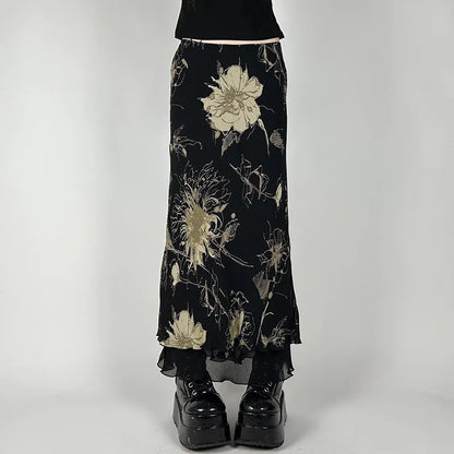 Goth Floral Mesh Maxi Skirt Black