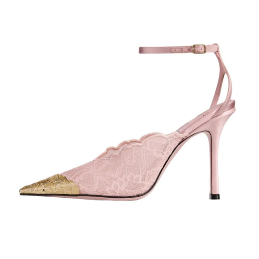 Kiva - Lace Embroidery Metal Pointed Heels Pink