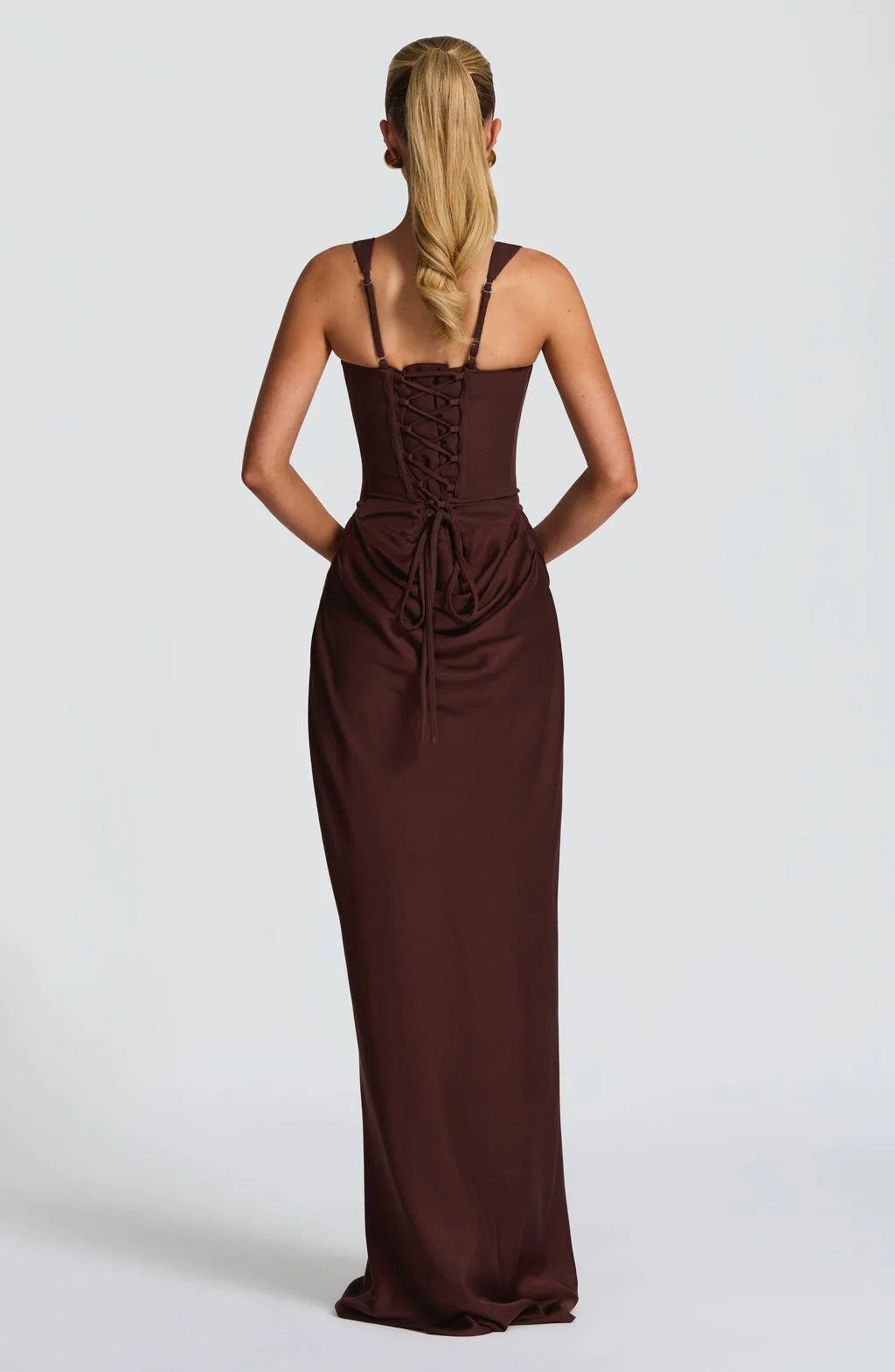Chocolate Brown Sculpted Corset Draped Maxi Dress