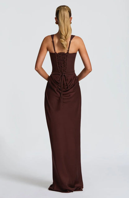 Chocolate Brown Sculpted Corset Draped Maxi Dress