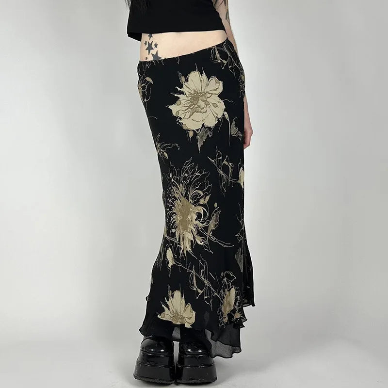 Goth Floral Mesh Maxi Skirt Black