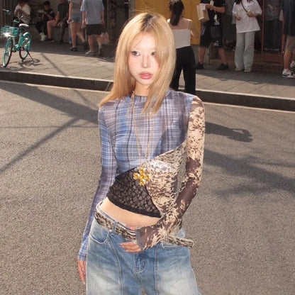 Y2K Patchwork Mesh Top