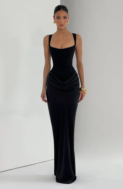 Black Sculpted Corset Draped Maxi Dress