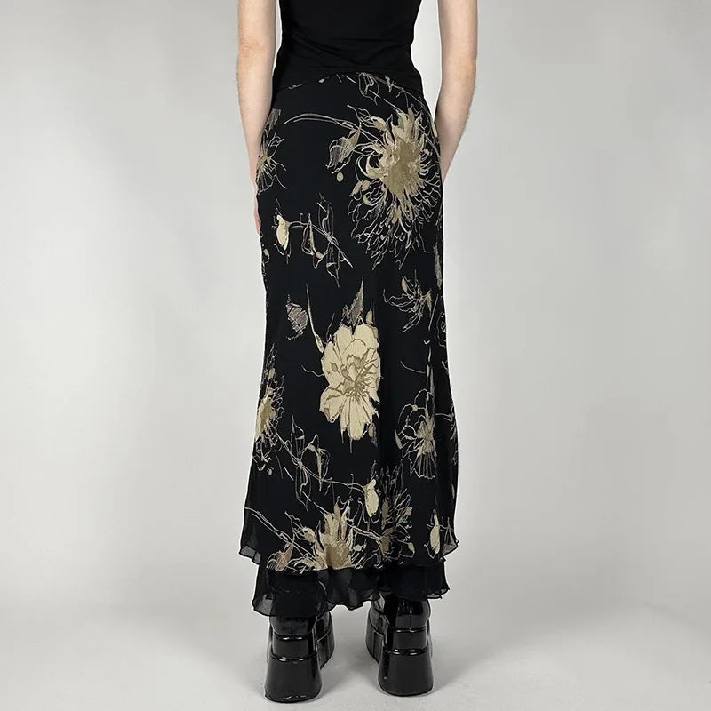 Goth Floral Mesh Maxi Skirt Black