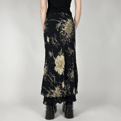 Goth Floral Mesh Maxi Skirt Black