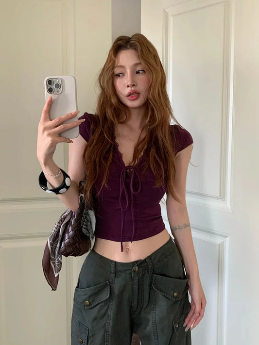 Y2K Lace Trim Top Purple
