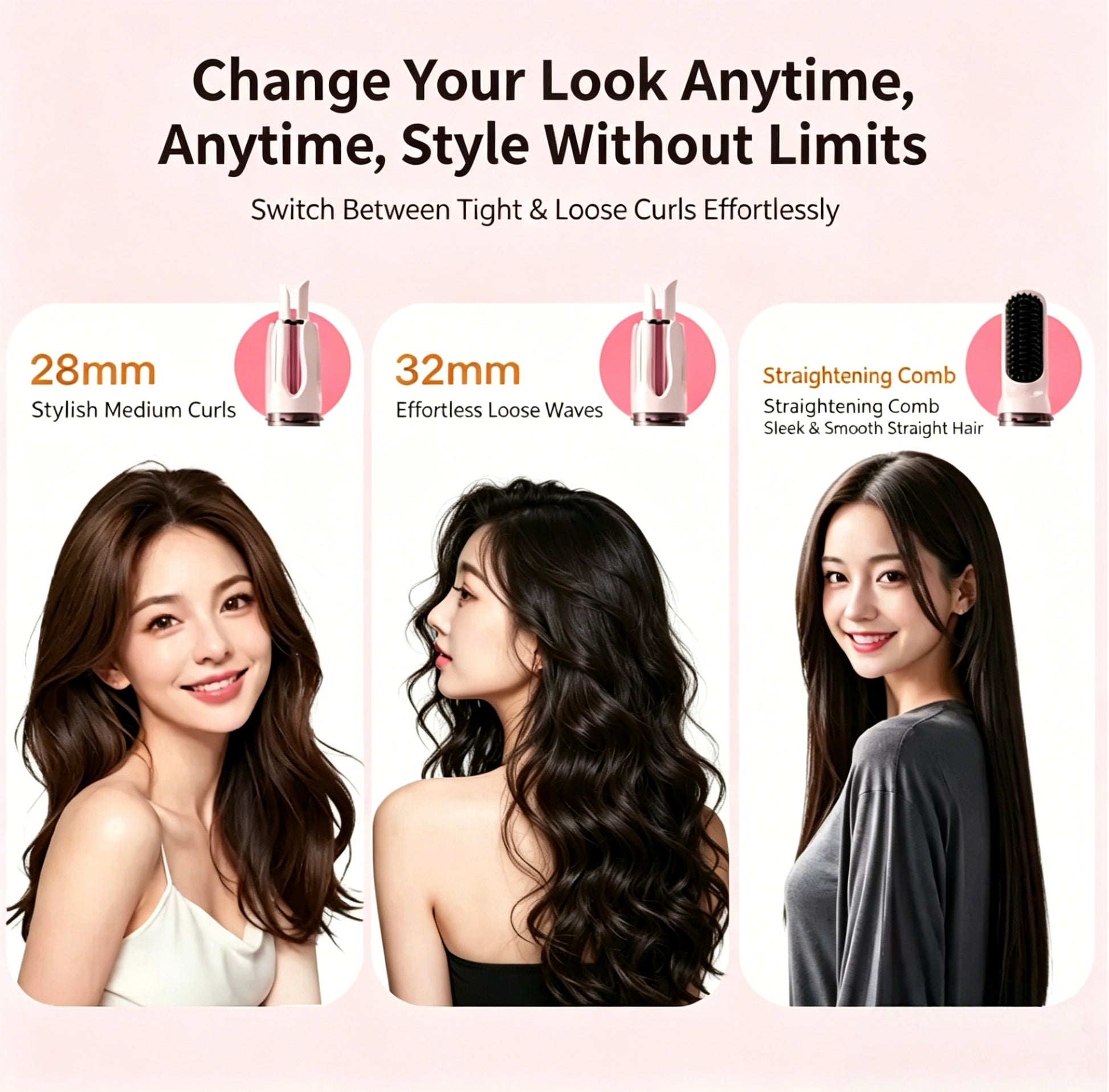 3-in-1 hair curler and straightener shown with three interchangeable barrels laid out on a flat surface