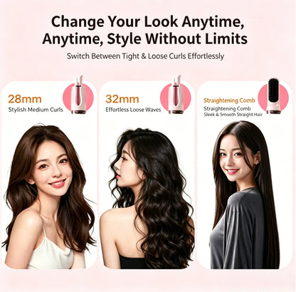 3-in-1 hair curler and straightener shown with three interchangeable barrels laid out on a flat surface