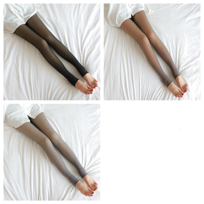 Women's fleece lined thermal tights in a sheer translucent look, shown in plus size winter pantyhose style for cold weather w