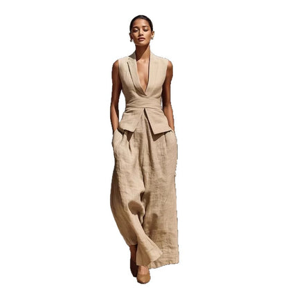Khaki linen V-neck tank top tucked into wide-leg pants, styled as a casual women's matching co-ord set