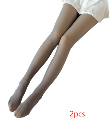 Women's fleece lined thermal pantyhose in a fake translucent finish, shown flat lay, plus size winter tights for cold weather