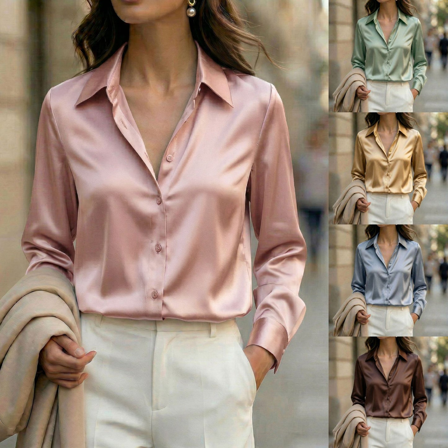 Women's satin long sleeve lapel blouse in a solid color with an elegant drape and button-front design