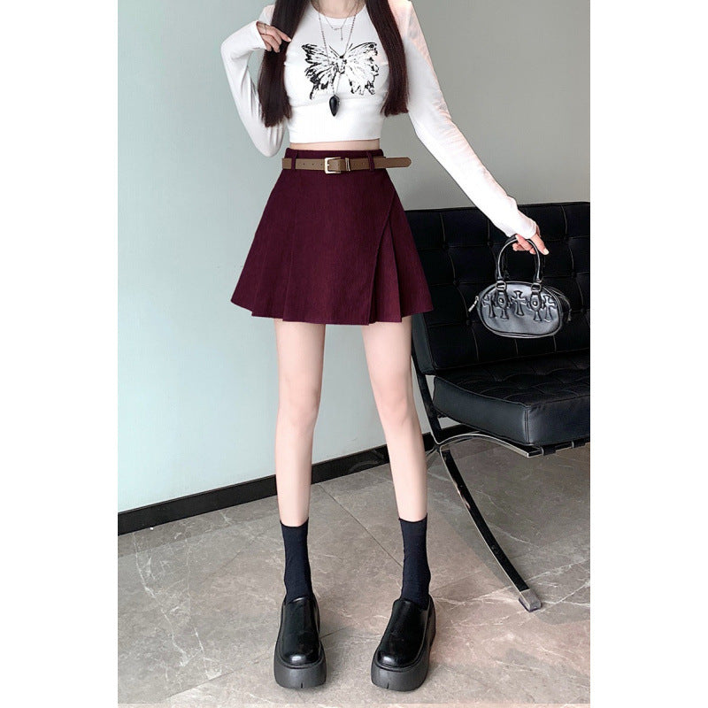 Women's high waist pleated corduroy skort with built-in shorts, shown in a mini length style perfect for casual everyday wear