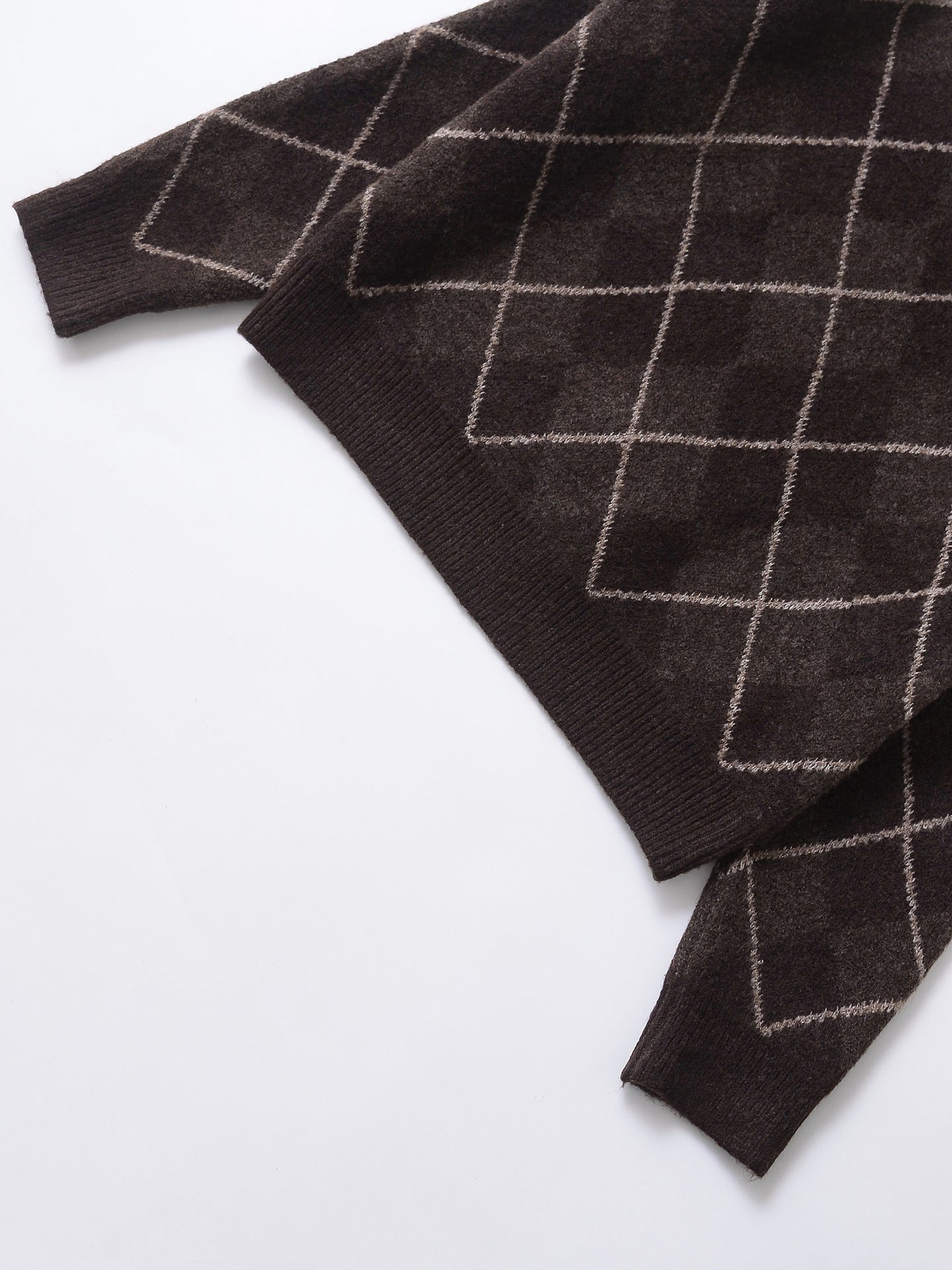 Women's coffee brown crew neck knit sweater with diamond plaid texture, shown from the back