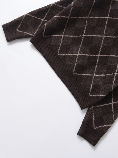 Women's coffee brown crew neck knit sweater with diamond plaid texture, shown from the back