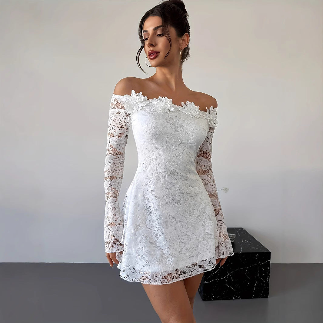 White off-shoulder lace mini dress with bodycon fit, shown in full length on a model for an elegant evening look.