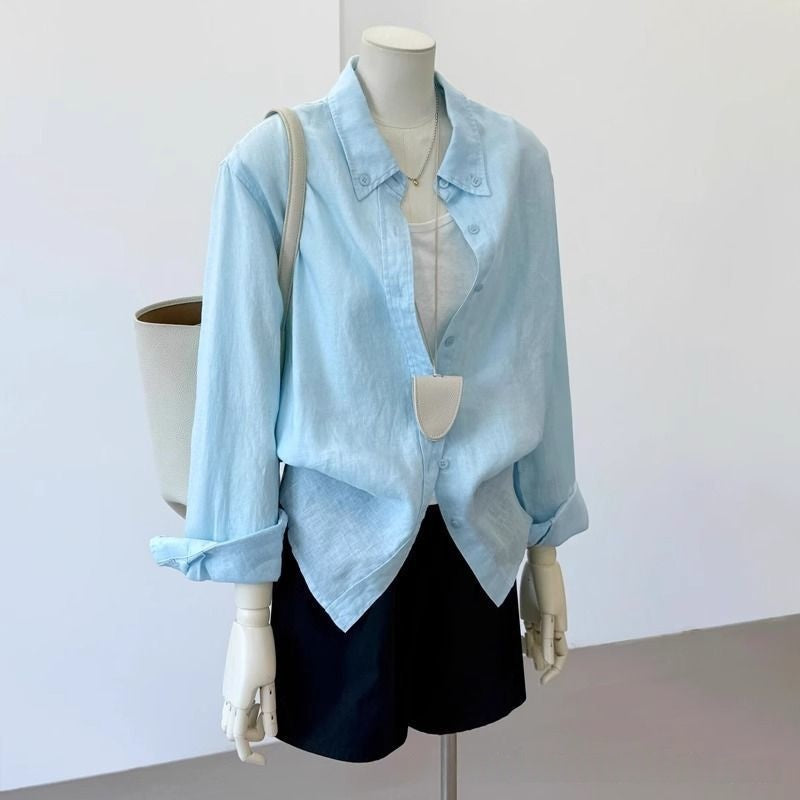 Women's loose fit light blue linen long sleeve casual shirt, a relaxed breathable everyday top for women