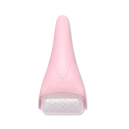 Ice roller massager resting on a white surface, showing the smooth rolling head and handle of the cooling facial massage tool