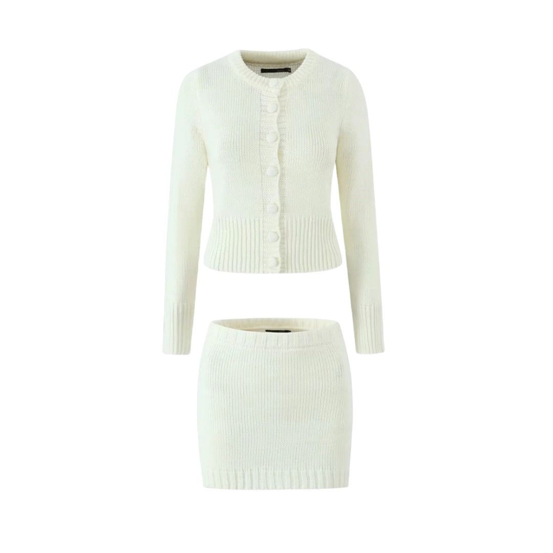 Women's high-waisted sheath skirt and knit top set in a coordinated two-piece style, shown from the front