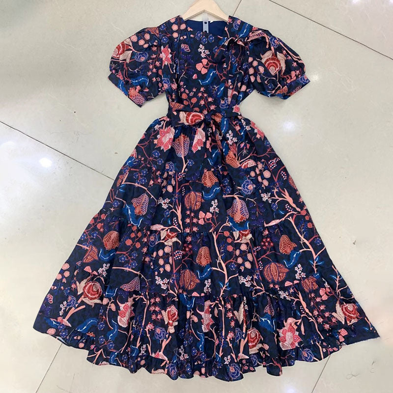 Women's Elegant Puff Sleeve Dress O-Neck High Waist Cotton Dress product image 5