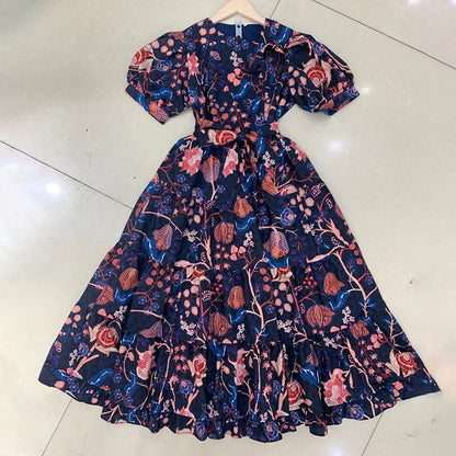 Women's Elegant Puff Sleeve Dress O-Neck High Waist Cotton Dress product image 5