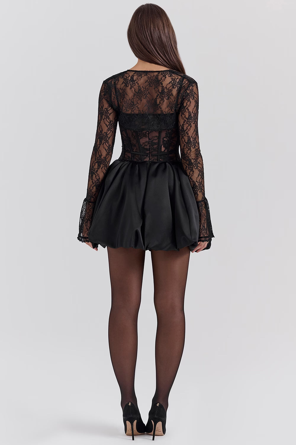 Black Lace Corset Puffball Mini Dress