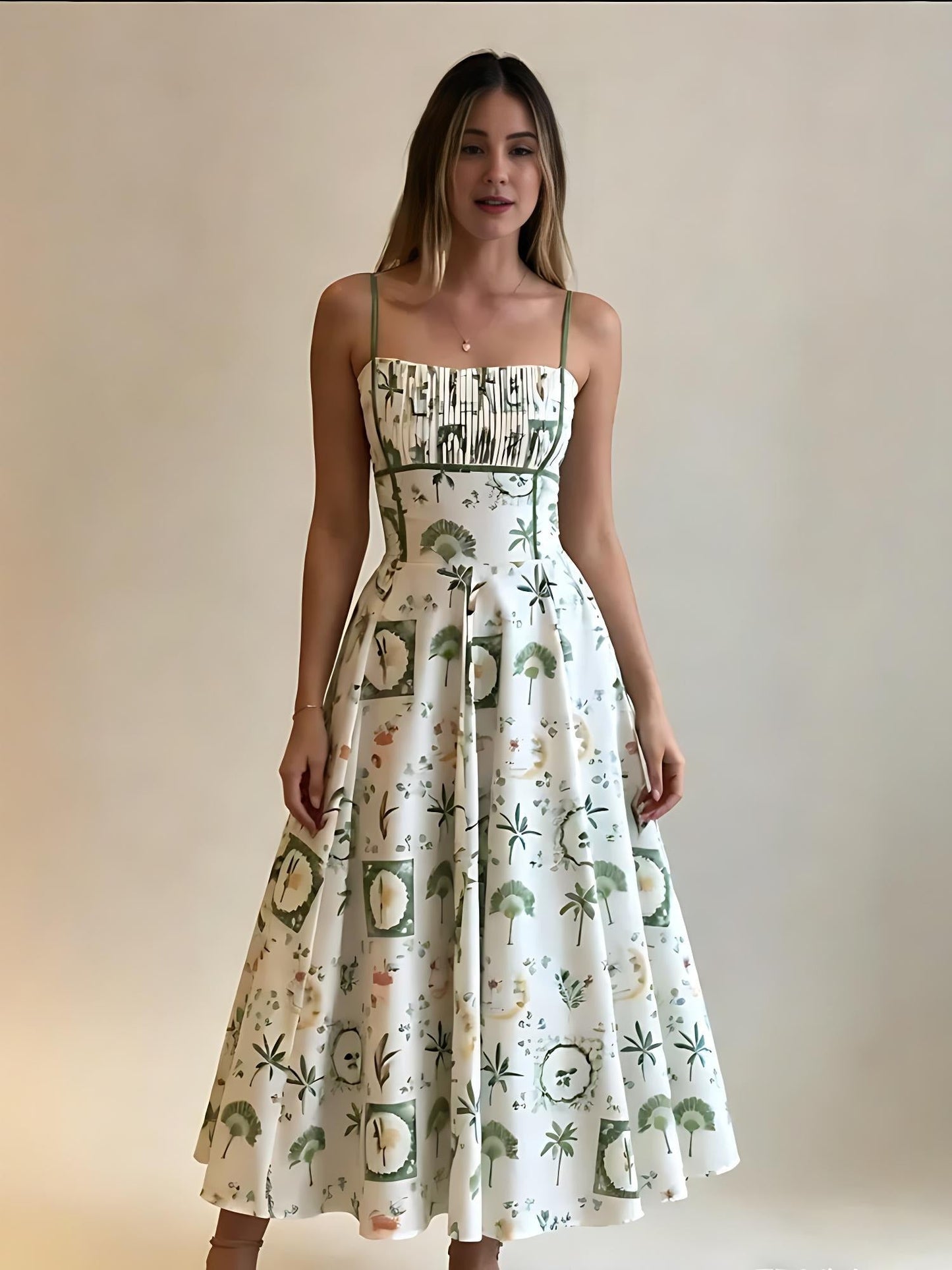 Green Botanical Print Smocked Midi Dress