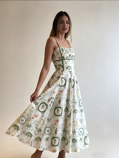 Green Botanical Print Smocked Midi Dress