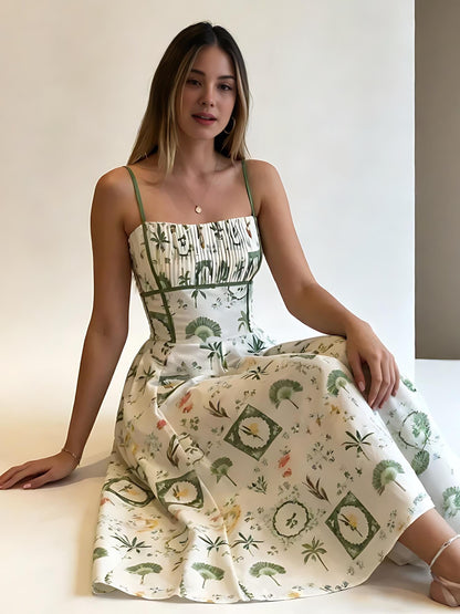 Green Botanical Print Smocked Midi Dress