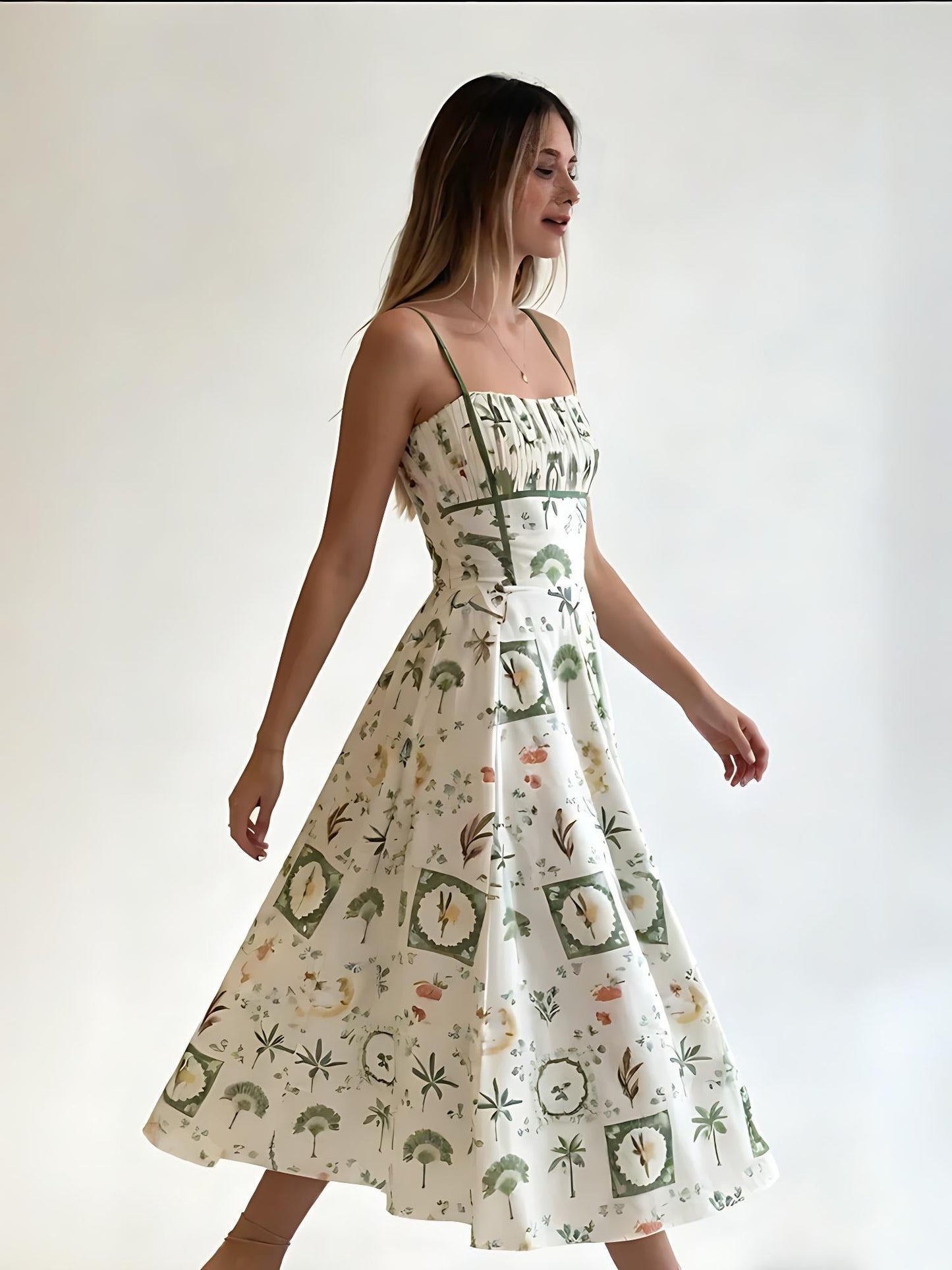 Green Botanical Print Smocked Midi Dress