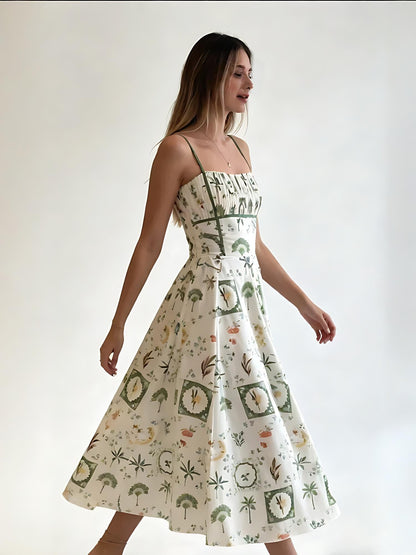 Green Botanical Print Smocked Midi Dress