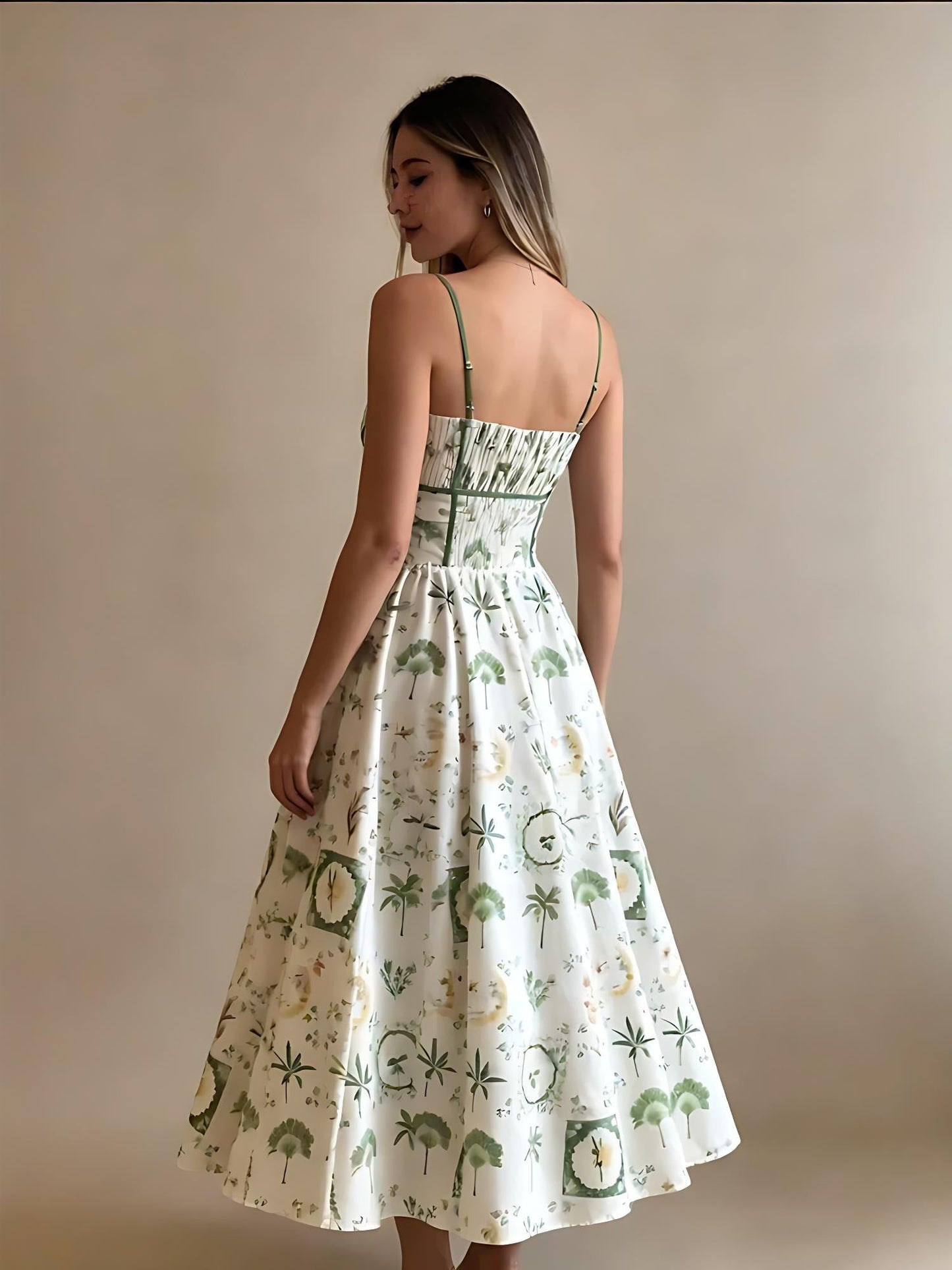 Green Botanical Print Smocked Midi Dress