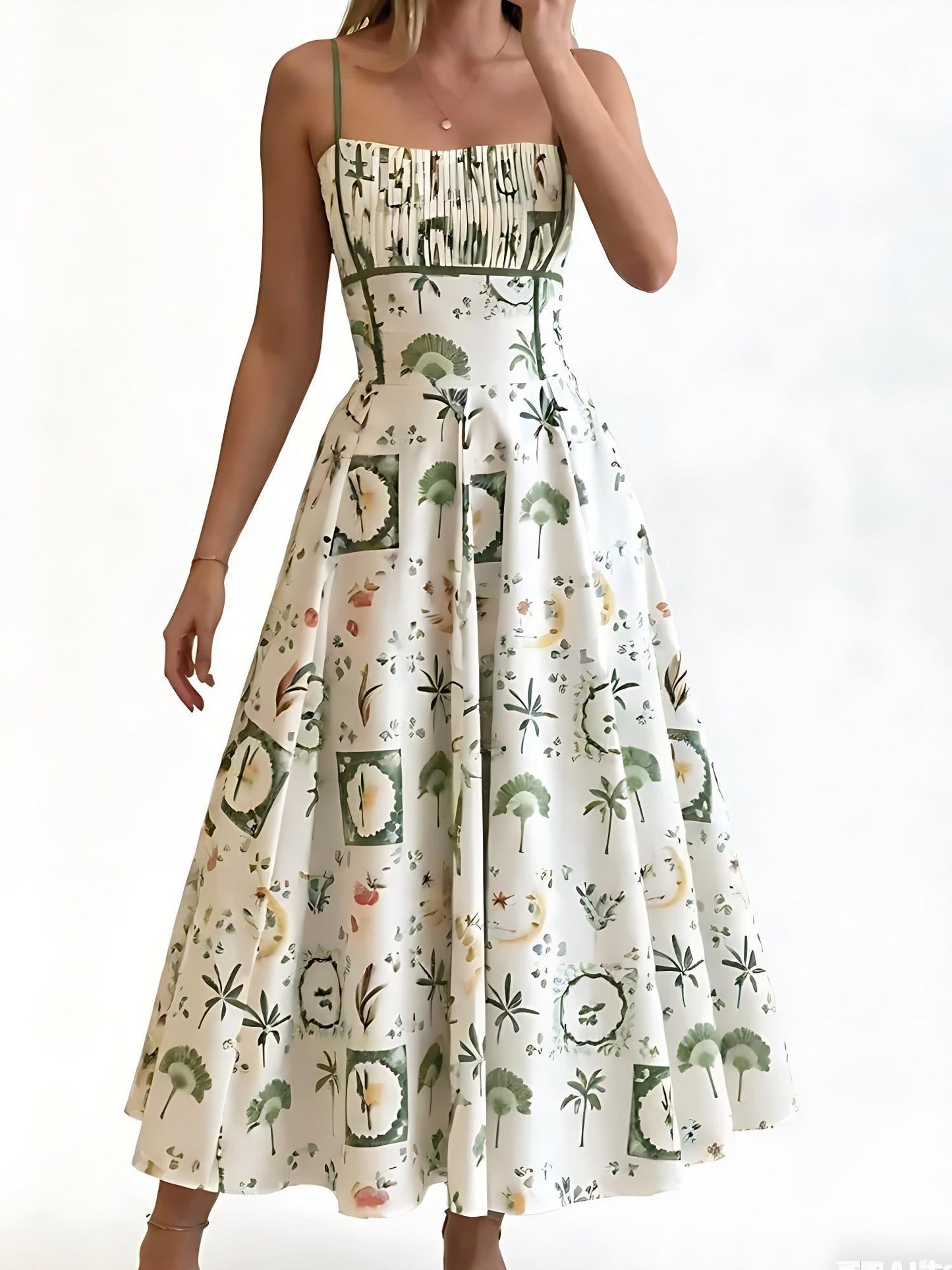 Green Botanical Print Smocked Midi Dress