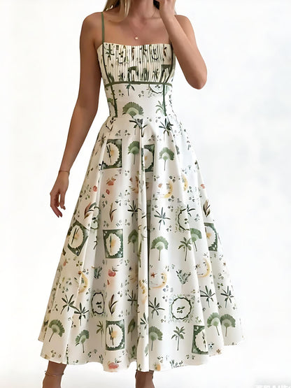 Green Botanical Print Smocked Midi Dress