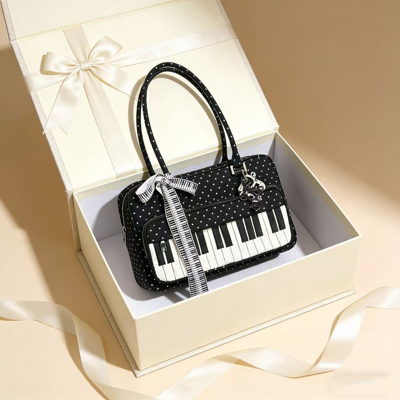 Black and white polka dot piano key shoulder bag with lightweight cotton construction, shown from the side