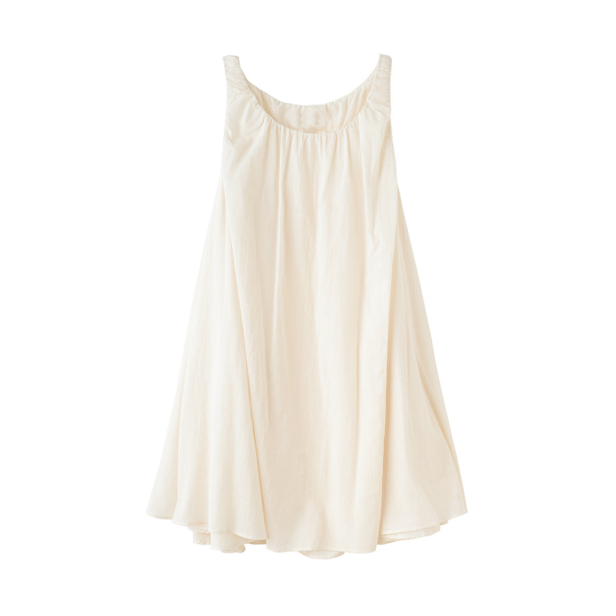 Sleeveless pleated suspender midi dress in beige Mori style with wide waist and flowy cotton skirt