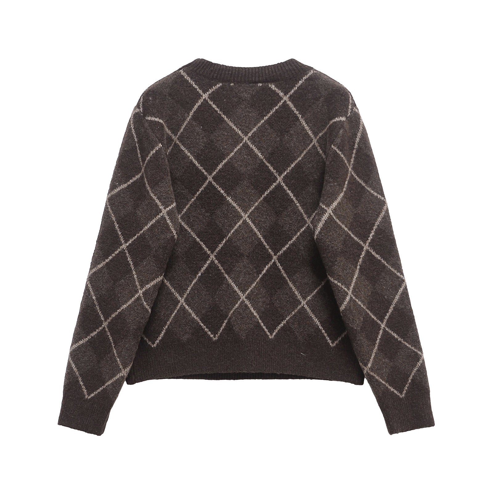 Coffee brown women's crew neck knit sweater with diamond plaid texture, shown in a close-up detail view