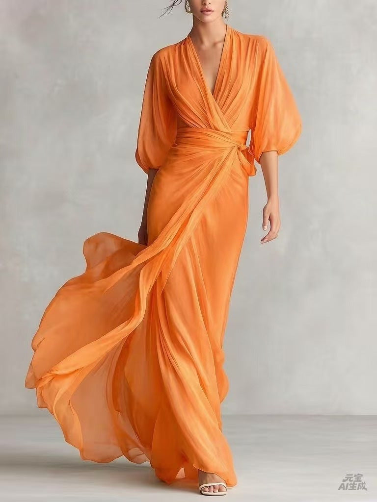 Women's slim-fit A-line long dress in a classic silhouette, styled as elegant office wear for a polished professional look.
